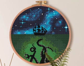 Octopus Kraken Cross Stitch Pattern , Beach Ocean Cross Stitch Pattern , Sea Animal Monster Cross Stitch , Easy Anime Embroidery PDF