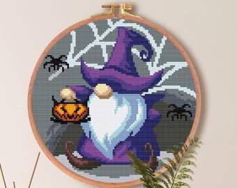 Halloween Gnome Cross Stitch Pattern, Cute Pumpkin Pattern , Holiday Modern Stitch , Spider Web Kids Stitch Pattern