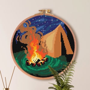 Camping Cross Stitch Pattern, Nature Forest Landscape Cross Stitch Pattern , Stars Easy Beginner Stitch , Adventure Campfire Pattern