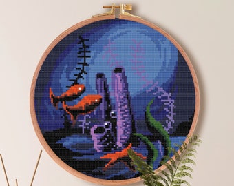 Deep Ocean Cross Stitch Pattern , Corals Cross Stitch Pattern , Simple Sea Animal Fish Cross Stitch , Easy Nature PDF Stitch Pattern