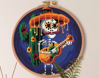 Patrón Punto de Cruz Calavera de Azúcar / Patrón Punto de Cruz Día de Muertos / Patrón Esqueleto Músico / Día de los muertos Descargar PDF