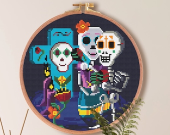 Patrón Punto de Cruz Calavera de Azúcar / Patrón Punto de Cruz Día de Muertos / Pareja Esqueleto Bailando / Día de los muertos Descargar PDF