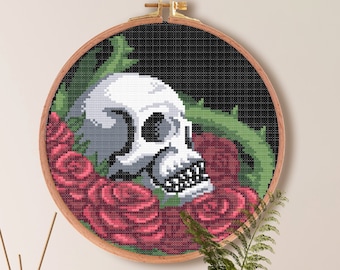 Skull Cross Stitch Pattern | Goth Roses Cross Stitch Pattern | Skeleton Cross Stitch Pattern | Easy Scary Cross Stitch Download PDF