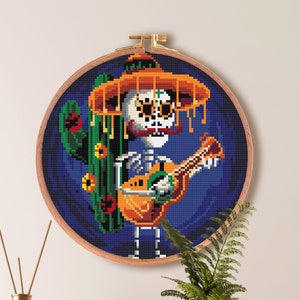 Sugar Skull Cross Stitch Pattern |  Day of the Dead Cross Stitch Pattern | Musician Skeleton Pattern | Dia de los muertos Download PDF