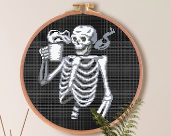 Lustiges Skelett Kreuzstich Muster | Kaffee Kreuzstich Muster | Goth sarkastisches Kreuzstichmuster | Einfacher Kreuzstich Download PDF
