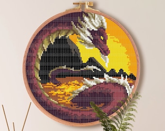 Fire Dragon Cross Stitch patroon, Snake Dragon Anime Cross Stitch patroon, Fantasy Beginner patroon, point de croix mythisch wezen
