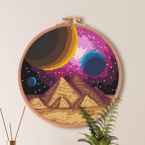 Pyramid in Galaxy Cross Stitch Pattern ,  Space Cross Stitch , Planets Sky Stars Pattern , point de croix , Beginner Galaxy Cross Stitch