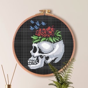 Skull Pot Cross Stitch Pattern | Goth Flowers Cross Stitch Pattern | Skeleton Cross Stitch Pattern | Easy Flower Cross Stitch Download PDF