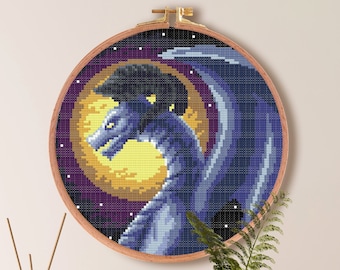 Dragon With Horn Cross Stitch Pattern, Dragon Anime Cross Stitch Pattern , Fantasy Moon Beginner Pattern , point de croix Mythical Creature