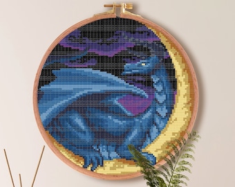 Dragon on The Moon Cross Stitch Pattern, Dragon Anime Cross Stitch Pattern , Fantasy Beginner Pattern , point de croix Mythical Creature