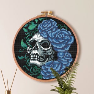 Skull Cross Stitch Pattern | Goth Vines Cross Stitch Pattern | Skeleton Cross Stitch Pattern | Easy Flower Roses Cross Stitch Download PDF