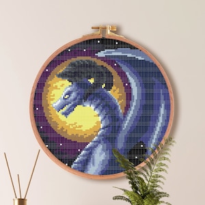 Dragon With Horn Cross Stitch Pattern, Dragon Anime Cross Stitch Pattern , Fantasy Moon Beginner Pattern , point de croix Mythical Creature