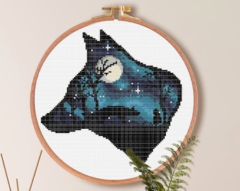 Wolf Cross Stitch Pattern, Galaxy Moon Stars Cross Stitch Pattern , Nature Forest Embroidery , Animal Howl point de croix
