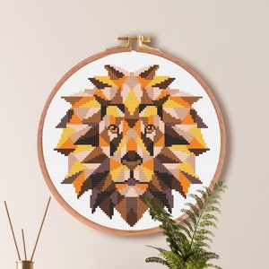 Geometrischer Löwe-Stich-Muster, Tier-Kreuzstich-Muster, Low Poly X Stitch PDF-Muster, einfaches Kreuzstich-Muster