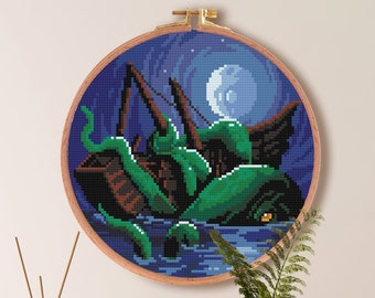 Octopus Kraken Cross Stitch Pattern , Beach Ocean Cross Stitch Pattern , Sea Animal Monster Cross Stitch , Easy Anime Embroidery PDF