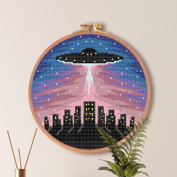 Alien Cross Stitch Pattern , Spaceship Cross Stitch Pattern , Ancient Ruins Cross Stitch , Easy Fantasy Embroidery , sci-fi Nature Pattern