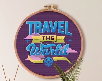 Travel The Wold Cross Stitch Pattern, Typography Cross Stitch PDF , Beginner Modern Embroidery , Nursery Motivational Quote point de croix