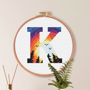 K Monogram Cross Stitch Pattern , Alphabet initial Letter Cross Stitch Pattern ,  Nature Modern Stitch , Silhouette Moon Tree Embroidery PDF