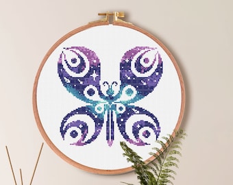 Patrón punto de cruz mariposa galaxia, punto de cruz silueta animal, bordado vivero estrellas luna, patrón fácil point de croix