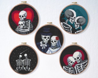 Skeleton Goth Cross Stitch Couples Pattern Set | Skull Love Pattern | Valentines Day Cross Stitch | Easy Cross Stitch Skeleton Heart