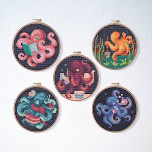 Octopus Funny Cross Stitch Pattern Set , Kraken Cross Stitch Pattern , Baking Cross Stitch , Book Pattern , Animal Funny Stitch