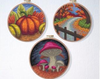 Conjunto de patrones de punto de cruz de otoño, Patrón de puntada de cruz de hongos, Punto de calabaza de otoño, Patrón de puntada de otoño de naturaleza simple fácil