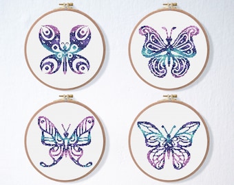 Mariposas Galaxy Cross Stitch Pattern Set , Animal Silhouette Cross Stitch , Moon Stars Nursery Embroidery , Butterfly point de croix