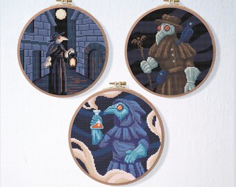 Plague Doctor Cross Stitch Pattern Set , Halloween XStitch Pattern , Gothic Cross Stitch Bundle , Witchy Cross Stitch