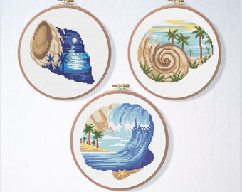 Sea Shell Cross Stitch Pattern Set , Beach Cross Stitch Pattern Pack , Pearl Cross Stitch Bundle , Ocean Embroidery Beginner Pattern