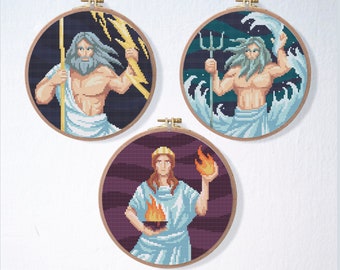 Greek Gods Cross Stitch Pattern Set , Mythology Cross Stitch Pattern Pack , Zeus Cross Stitch Bundle , Hestia Poseidon Pattern
