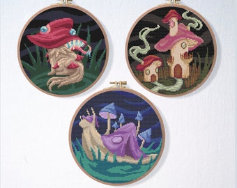 Magic Mushrooms Cross Stitch Pattern Set , Nature Fantasy Cross Stitch Pattern Bundle , Snail Cross Stitch Pattern , Goth Cross Stitch