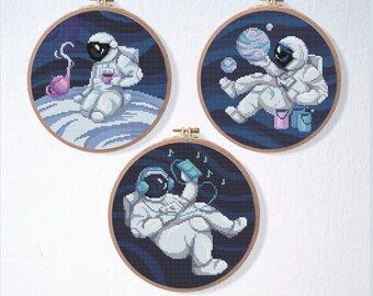 Astronauts Cross Stitch Pattern Set , Funny Space Cross Stitch Pattern , Coffee Cross Stitch , Music Cross Stitch Pattern