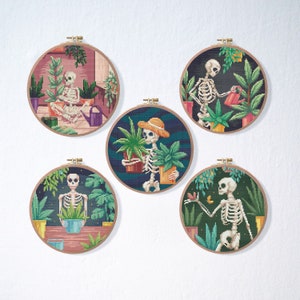 Skeletons with Plants Cross Stitch Pattern Set | Gothic Flower Cross Stitch Pattern | Funny Succulent Cross Stitch | Halloween Pattern