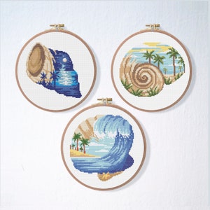 Sea Shell Cross Stitch Pattern Set , Beach Cross Stitch Pattern Pack , Pearl Cross Stitch Bundle , Ocean Embroidery Beginner Pattern