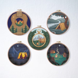Camping Cross Stitch Pattern Set of 5, Forest Nature Cross Stitch Pattern, Adventure River Stitch Pattern, Tent Cross Stitch