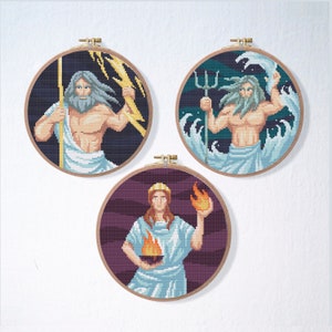 Greek Gods Cross Stitch Pattern Set , Mythology Cross Stitch Pattern Pack , Zeus Cross Stitch Bundle , Hestia Poseidon Pattern