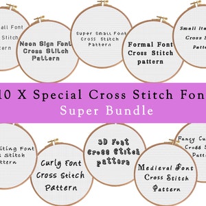 Set of 10 Cross Stitch Fonts Pattern , Small Fonts Embroidery , Words Cursive Alphabets , Beginner Easy DIY Calligraphy Cross Stitch Pattern