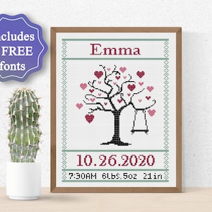 Anuncio del bebé Patrón de punto de cruz del corazón , Tree Nursery Boy Girl Cross Stitch , Regalo de nacimiento de bebé de bricolaje personalizable , Nombre Punto de cruz