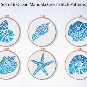 Mandala Sea Shell Cross Stitch Pattern Set , Beach Cross Stitch Pattern Pack , Pearl Cross Stitch Bundle , Ocean Embroidery Beginner Pattern