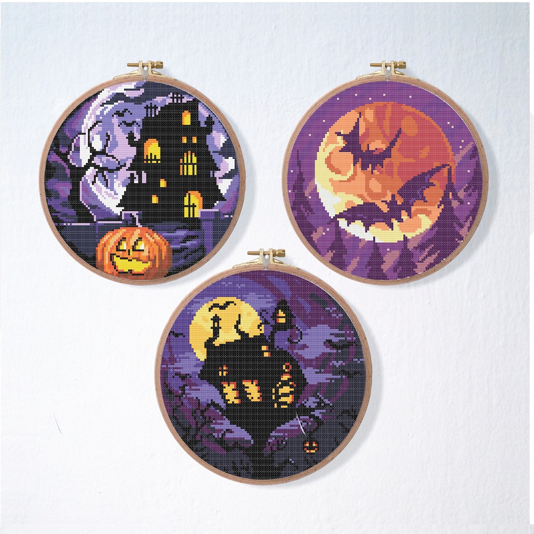 Halloween Haunted House Cross Stitch Pattern Set , Moon Night Bats ...