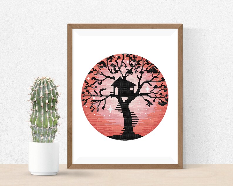 Tree House Cross Stitch Pattern, Red Sky Stars Cross Stitch Pattern ...