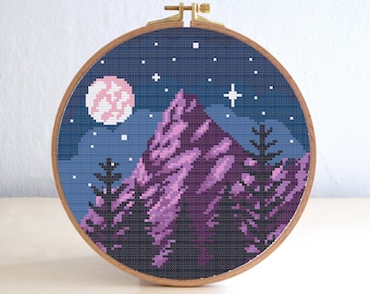 Mountain Cross Stitch Pattern, Easy Trees Landscape Nature Cross Stitch Pattern , Blue Sky Night Cross Stitch , Beginner Forest Embroidery