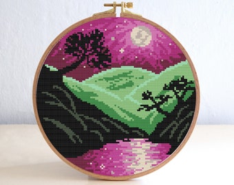 Hills Cross Stitch Pattern, Easy Trees Landscape Nature Cross Stitch Pattern , Colorful Sky Night Cross Stitch , Beginner Forest Embroidery