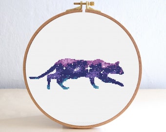 Galaxy Cat Cross Stitch Pattern, Animal Silhouette Cross Stitch PDF , Beginner Embroidery Stars , Easy Nursery point de croix , Pet Pattern