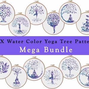 May include: Twelve watercolor yoga tree patterns in a mega bundle. Each pattern features a different yoga pose within a tree design. The patterns are in shades of purple and blue.