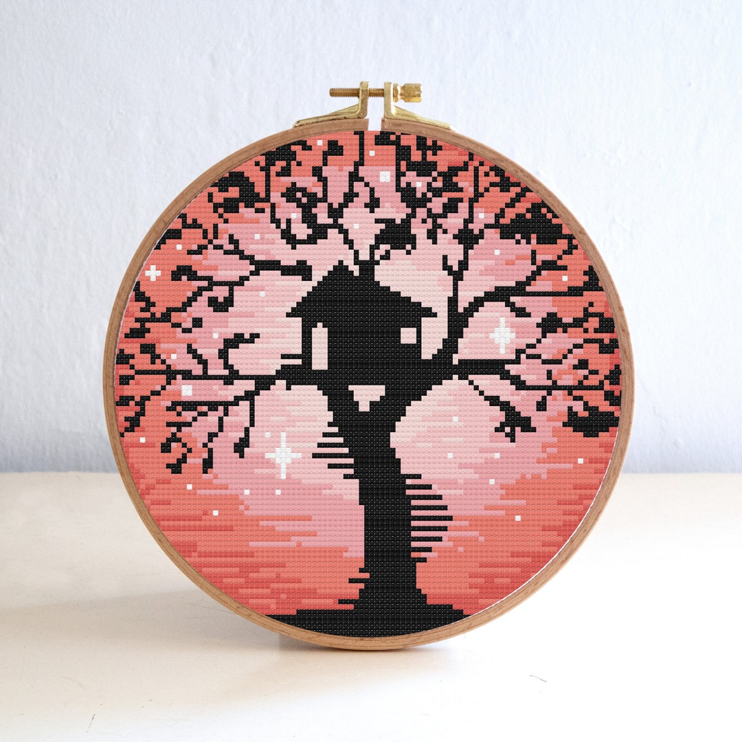 Tree House Cross Stitch Pattern, Red Sky Stars Cross Stitch Pattern ...