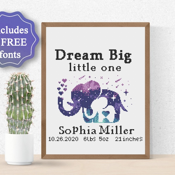 Anuncio de bebé Patrón de punto de cruz de elefante, Punto de cruz de niño niña de guardería de animales, Patrón de estrellas de galaxia de nacimiento de bebé personalizable DIY