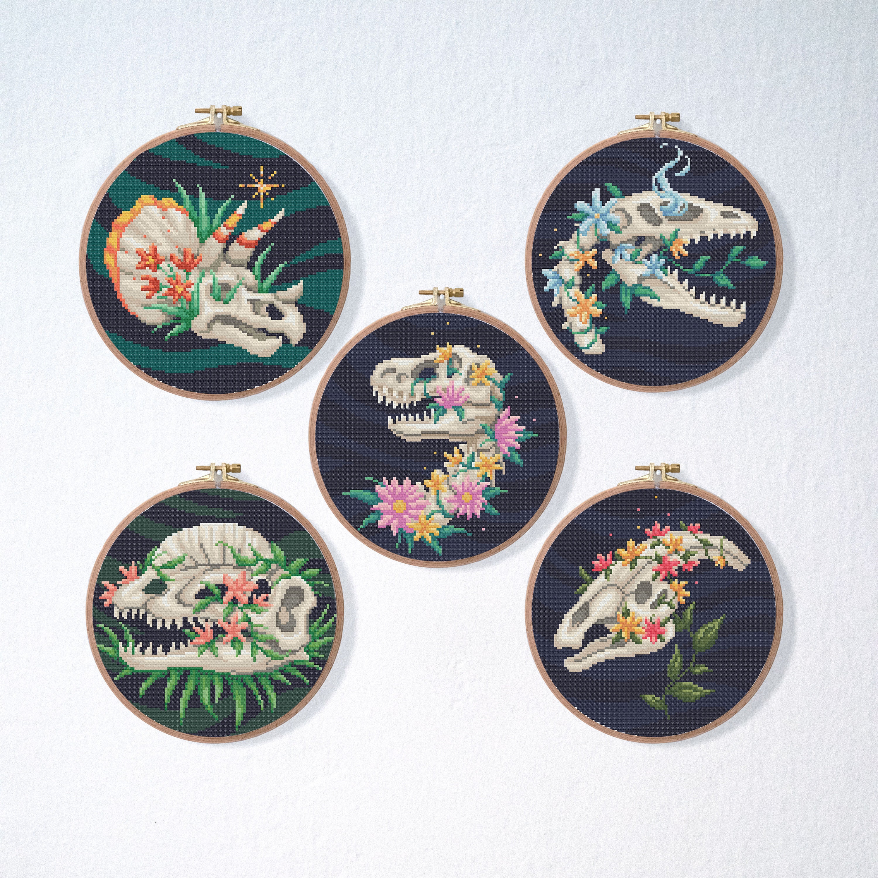 Dinosaur Skulls with Flowers Stitch Pattern Set | Gothic Dino Flower Cross Stitch Pattern | Funny Scary Cross Stitch | Halloween Pattern