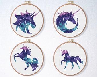 Unicorn Silhouette Cross Stitch Pattern Set , Galaxy Cross Stitch Pattern Pack , Moon Stars Nursery Embroidery , Horse Animal point de croix