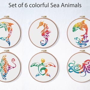 Sea Animals Cross Stitch Pattern Set , Octopus WaterColor Pattern , Embroidery Fish Skate Bundle , Whale Dolphin Pattern , Ocean Turtle